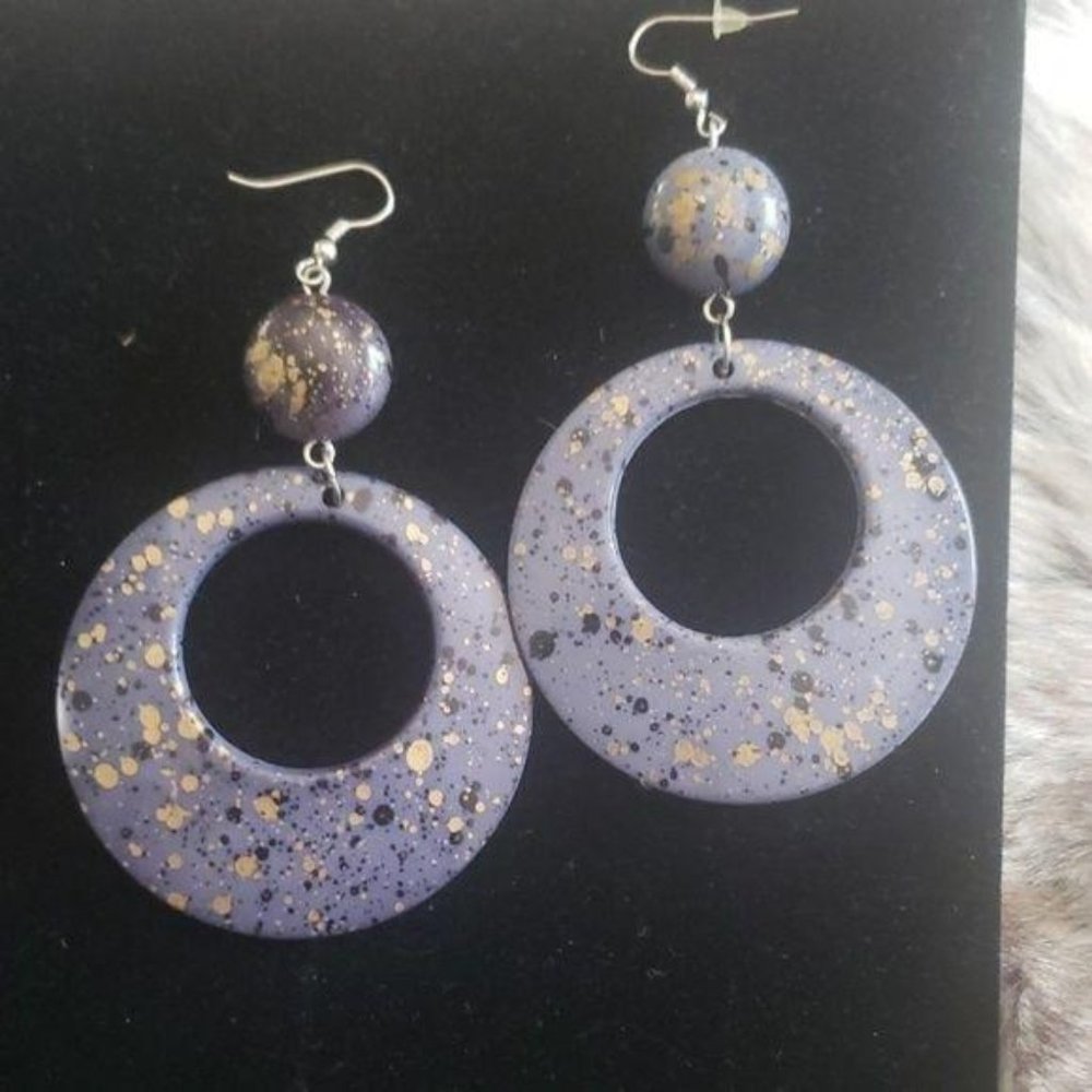 Round Drop earrings blue tan speckled splatter